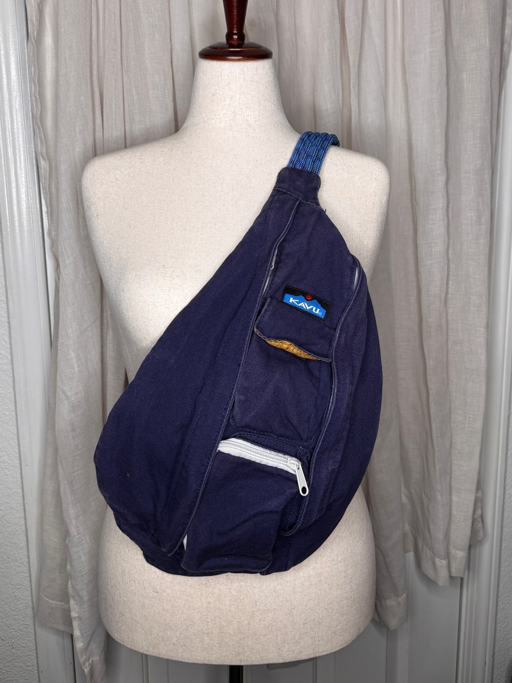 Kavu Navy Blue Rope Sling Bag with White Zip Accent
